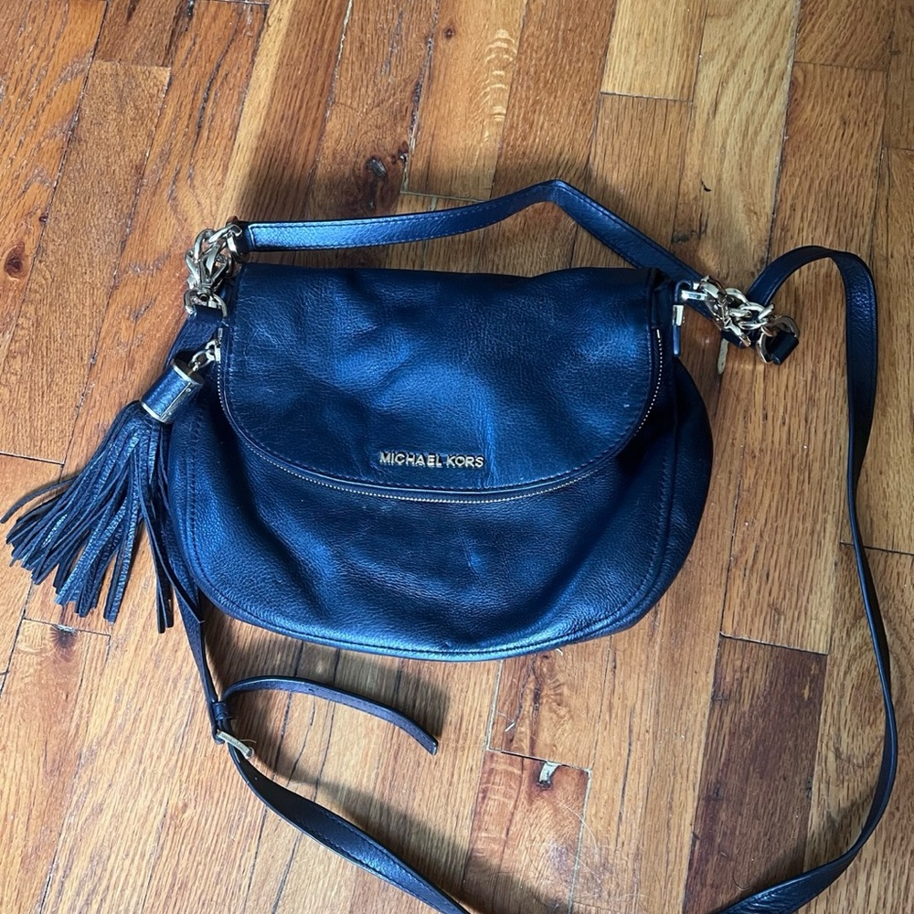 Michael Kors Navy Leather Shoulder Bag with Gold Accents